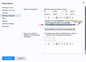 Insérer un email dans le message d'absence