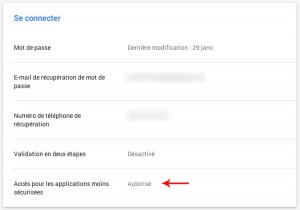 Activation de l'abaissement du seuil de sécurité à gmail