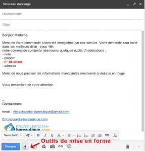 Barre d'outils de mise en forme du texte dans gmail