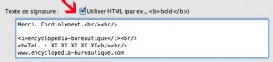 Composer un texte de signature sous thunderbird avec balises html : gras, italique et saut de ligne