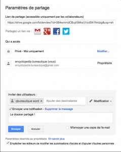 Paramètres de partage d'un dossier Drive