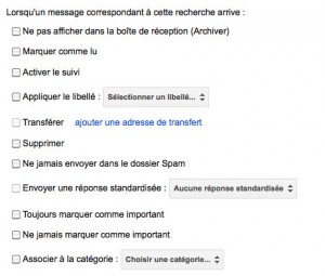 Liste des différentes actions possibles avec les filtres gmail