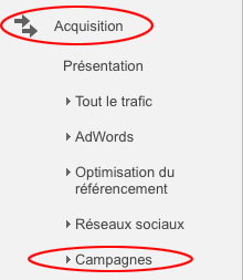 Onglet Acquisition > campagne, dans Google Analytics
