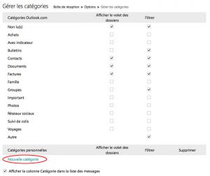 nouvelle catégorie outlook