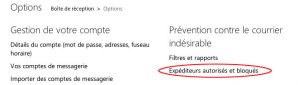 Menu des options outlook, expéditeurs autorisés ou bloqués