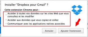 Droits d'accès de l'extension Dropbox pour GMail