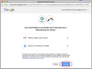 autorisation de connexion entre gmail et boomerang