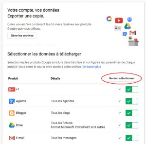 Sélection des produits Google pour les archiver