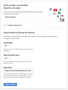 Paramètres d'exportation de l'archives google