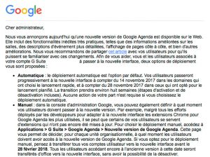 Message de migration de Google calendar en févrirer 2018