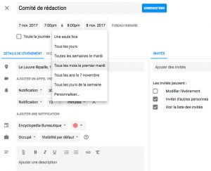 interface complète d'un nouvel événement calendar