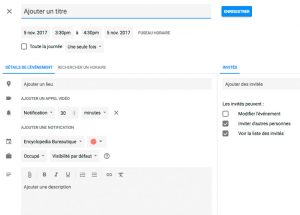 Interface complète d'un nouvel événement google Agenda