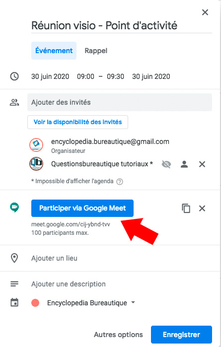 Créer une réunion Google meet dans Google Agenda