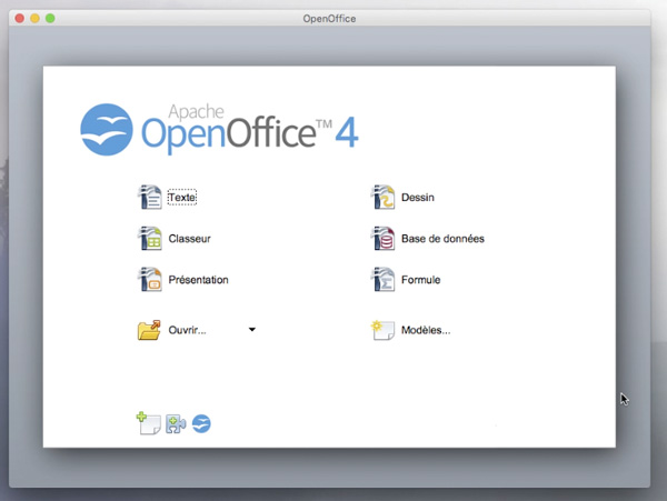 Écran de lancement des modules d'OpenOffice 4 